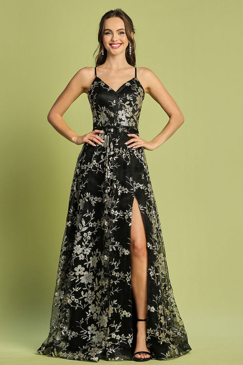 Adora Design 3137 A Line Glitter Floral Print Long Prom Dress