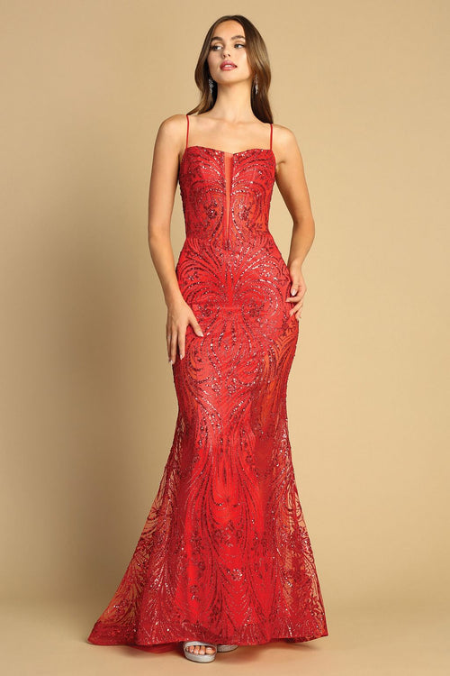 Adora Design 3160 Spaghetti Strap Glitter Print Fitted Prom Dress