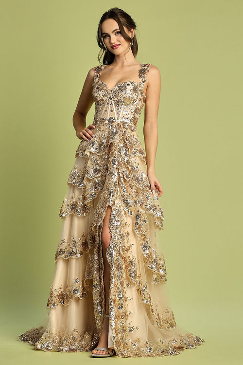 Adora Design 3174 Tiered A-Line Sequin Applique Formal Prom Gown