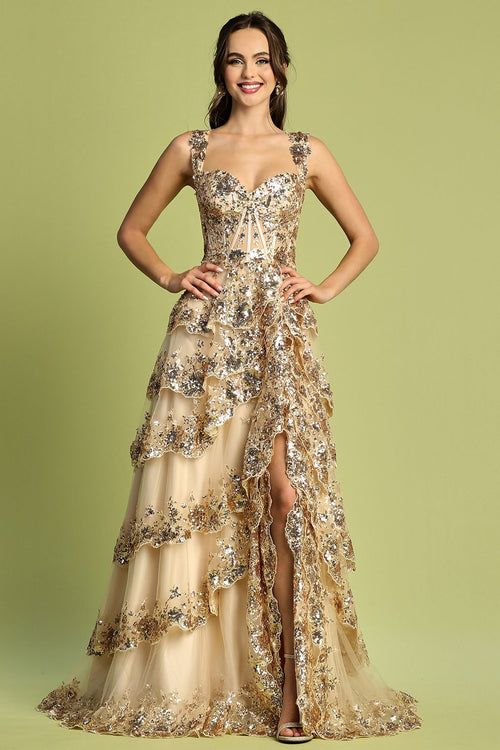 Adora Design 3174 Tiered A-Line Sequin Applique Formal Prom Gown
