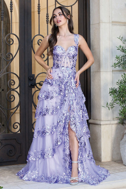 Adora Design 3174 Tiered A-Line Sequin Applique Formal Prom Gown