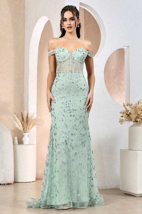 Adora Design 3198 Off Shoulder Fitted Sequin Print Prom Dress