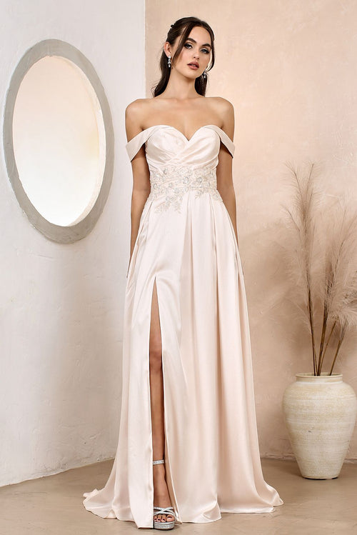 Adora 3200 Off Shoulder Beaded Satin A-Line Long Prom Dress