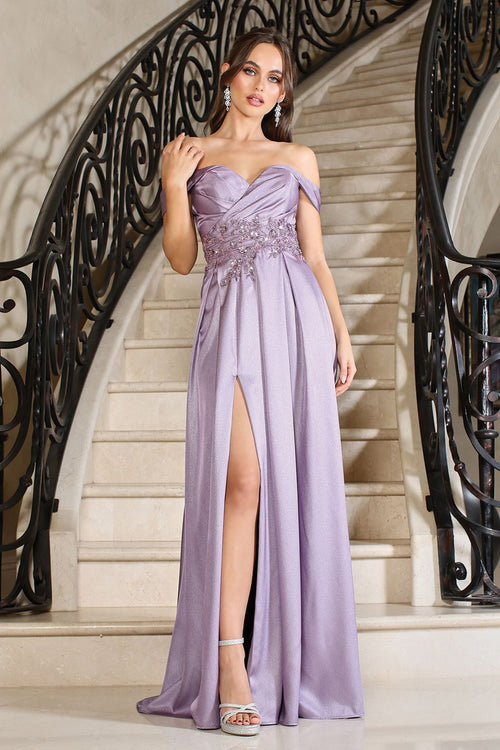Adora 3200 Off Shoulder Beaded Satin A-Line Long Prom Dress