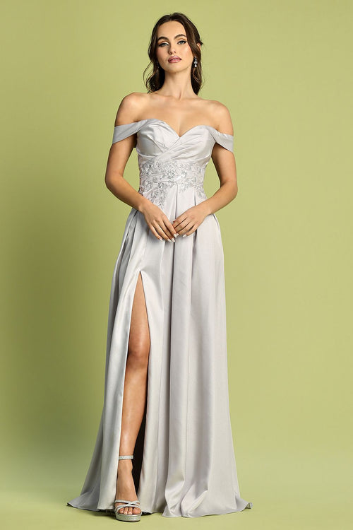 Adora 3200 Off Shoulder Beaded Satin A-Line Long Prom Dress