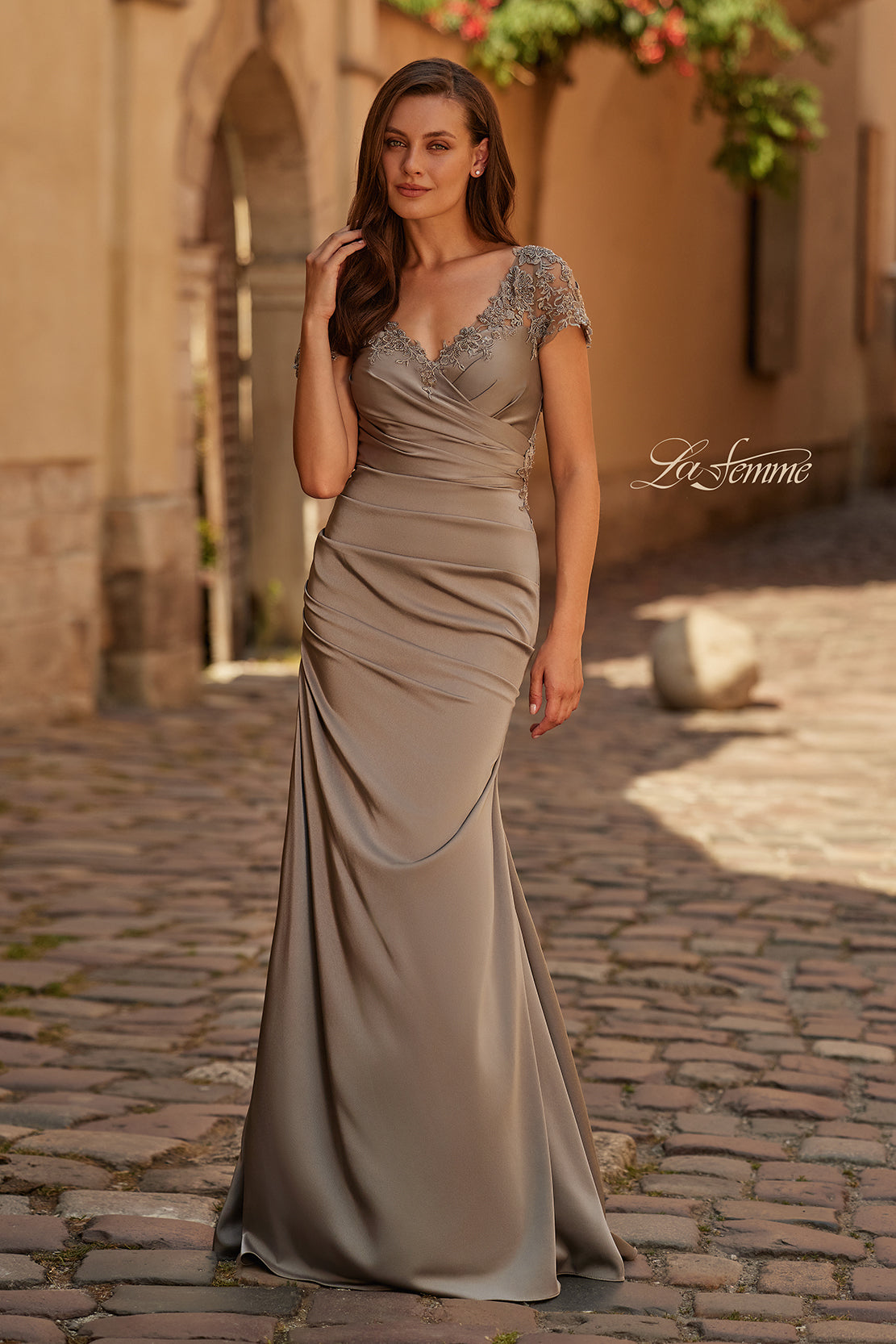La Femme 32431 Embroidered Ruched Gown with Cap Sleeves