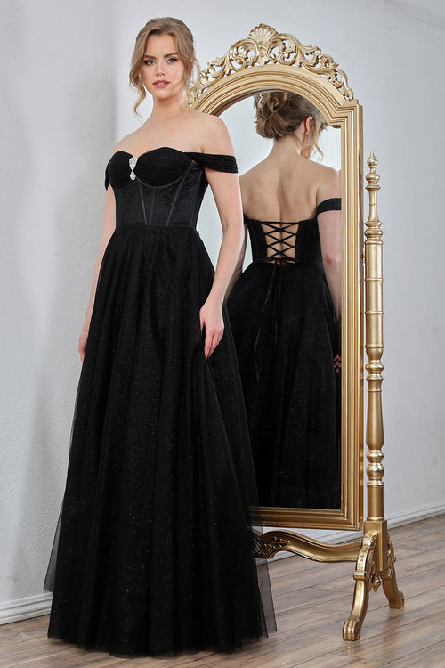 Adora Design 3244 Off-Shoulder Glitter Corset A-Line Prom Dress