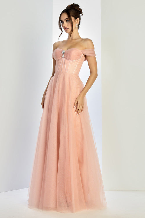 Adora Design 3244 Off-Shoulder Glitter Corset A-Line Prom Dress