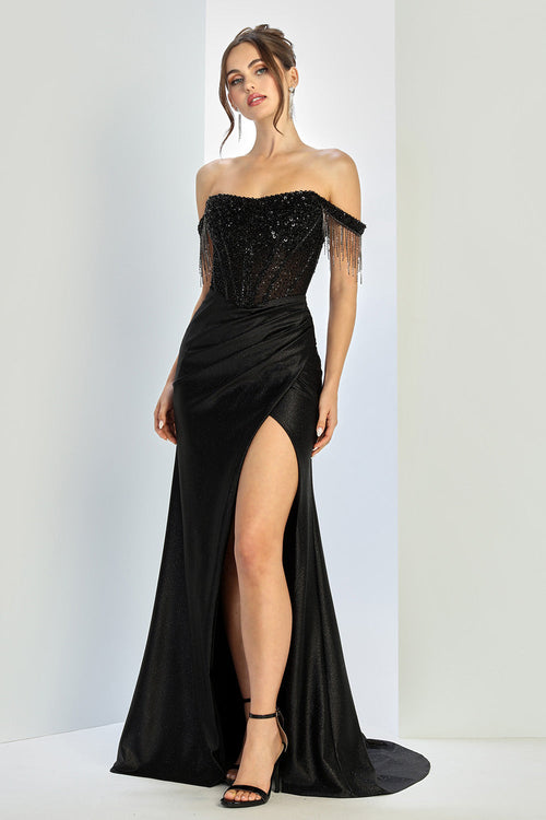Off Shoulder Sequin Glitter Fitted Corset Prom Gown