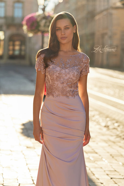 La Femme 32737 Short Sleeve Floral Embroidered Gown