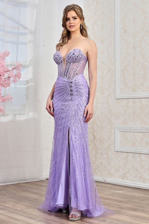 Strapless Beaded Tulle High Slit Formal Prom Gown