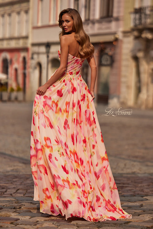 La Femme 33404 Floral Strapless A-Line Gown with Slit