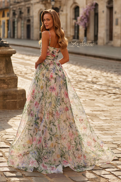 La Femme 33516 Floral Print A-Line Long Gown with Slit