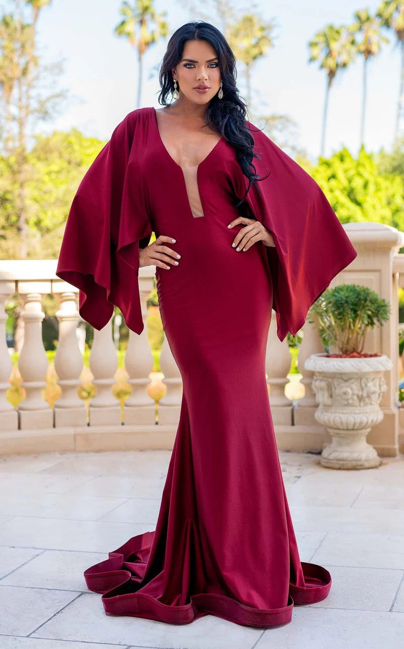 Jessica Angel JA336 V-Neck Illusion Mermaid Open Back Train Jersey Dress