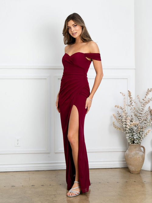 Eva USA EV3510 Structured Woven Long Slit Dress with Clean Lines
