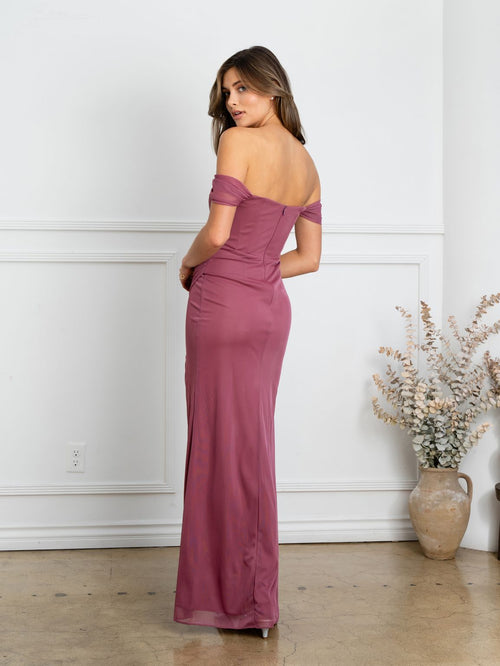 Eva USA EV3510 Structured Woven Long Slit Dress with Clean Lines