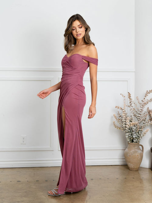 Eva USA EV3510 Structured Woven Long Slit Dress with Clean Lines