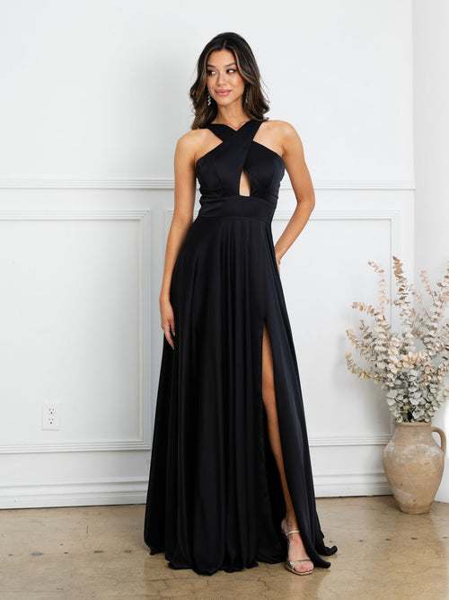 Eva USA EV3512 Dramatic Slit A-Line Satin Dress