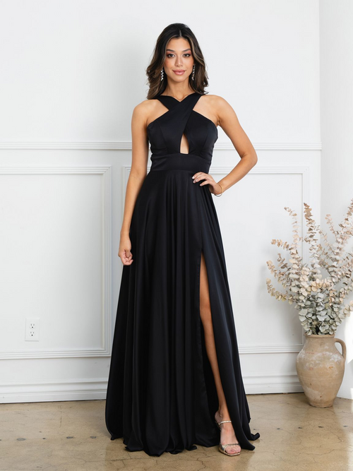 Eva USA EV3512 Dramatic Slit A-Line Satin Dress