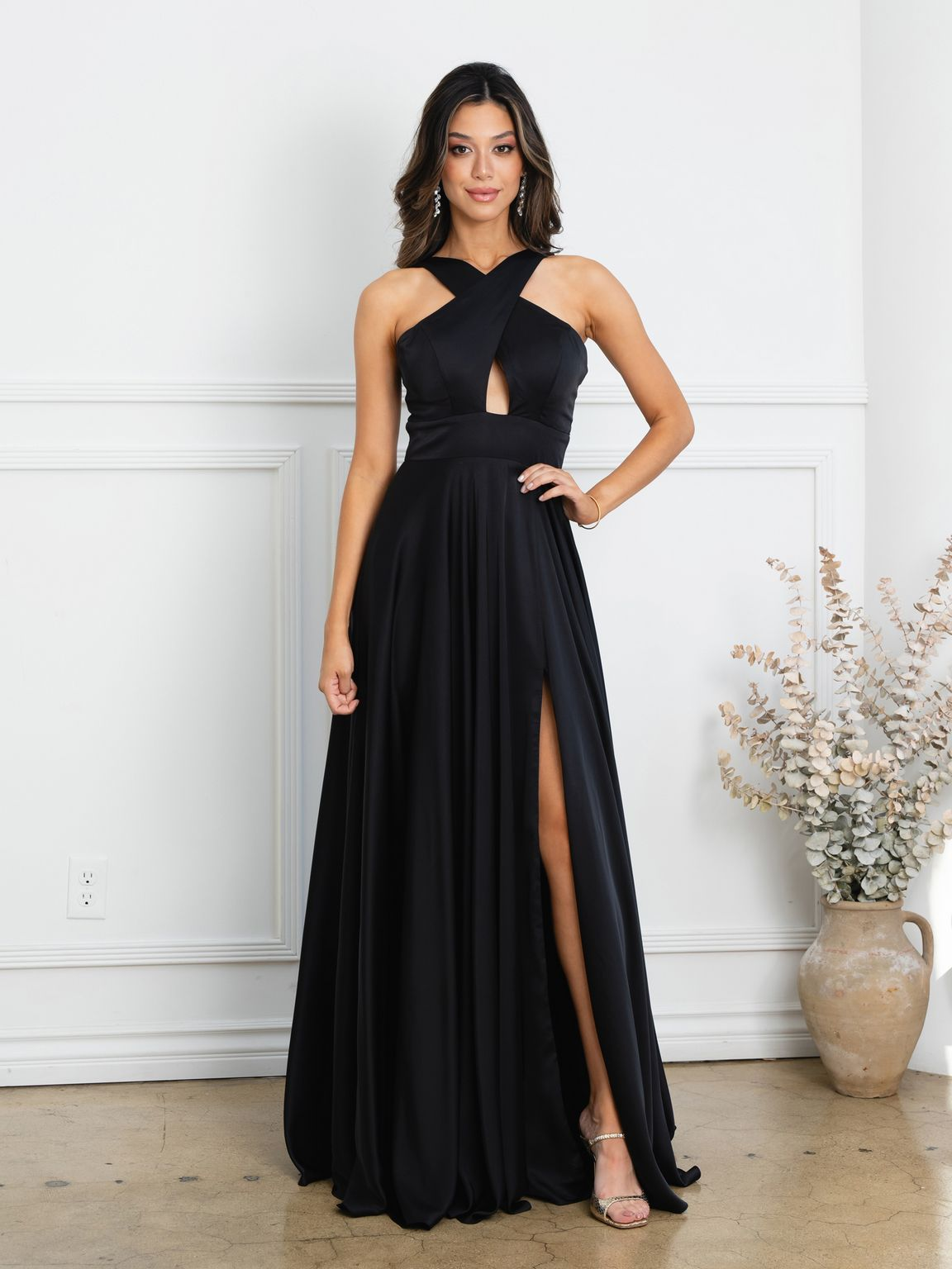 Eva USA EV3512 Dramatic Slit A-Line Satin Dress