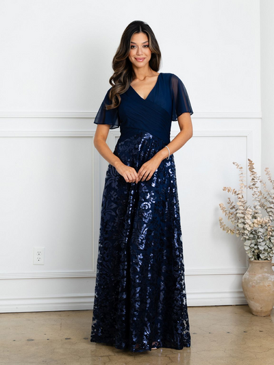 Eva USA EV3519 Full-Length Sequin Lace Dress with Structured Lining