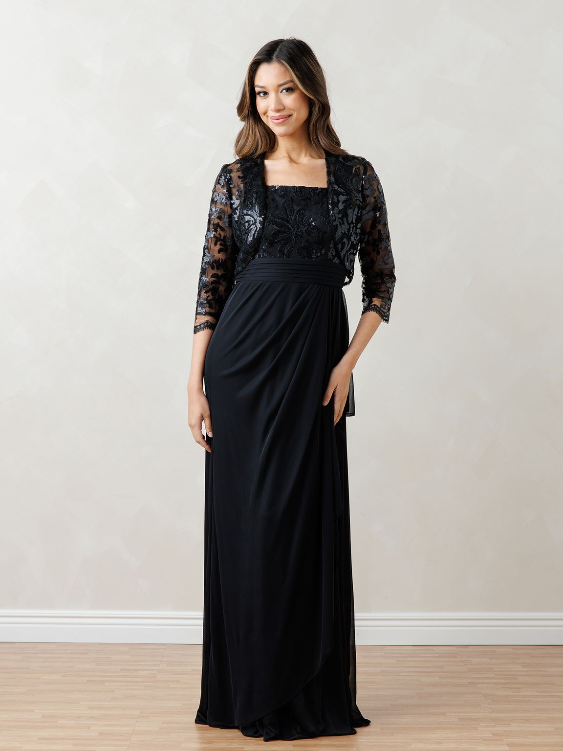 Eva USA EV3531 Sequin Lace Overlay Long Dress with Detachable Bolero