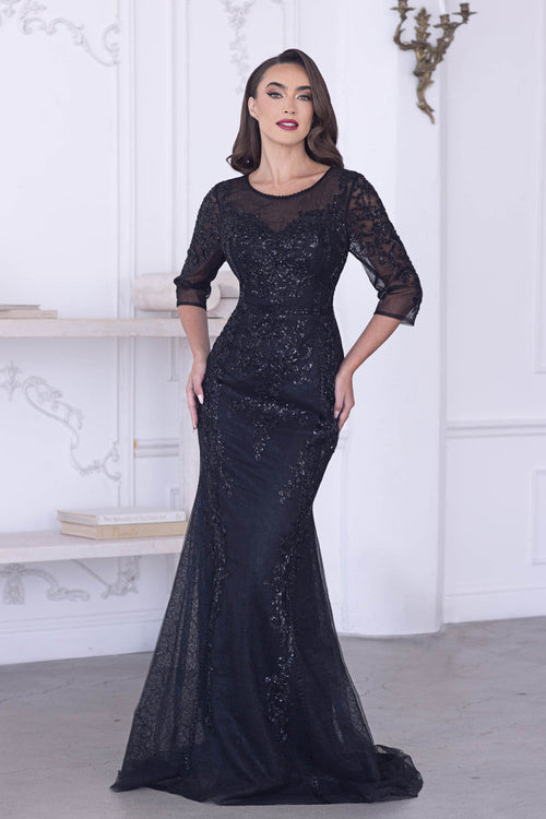 Lenovia 8369 Beaded Embroidered Mesh Long Mother of Bride Dress with 3/4 Sleeves