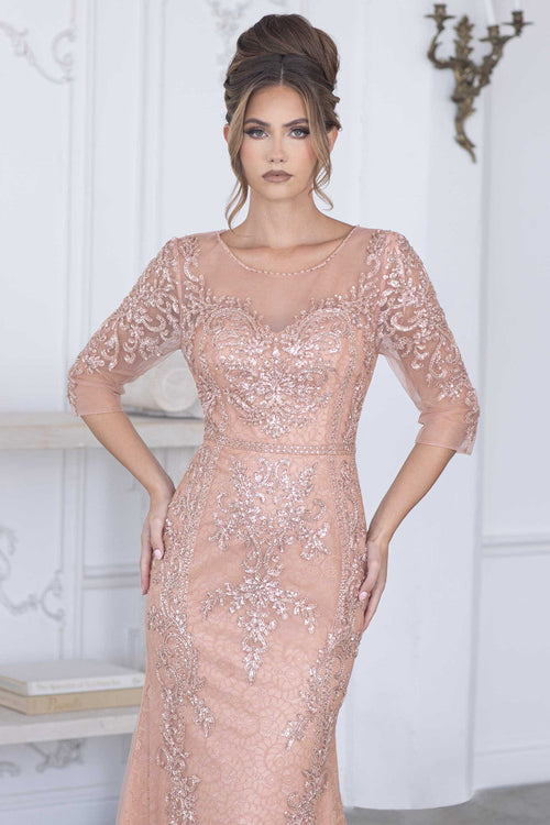 Lenovia 8369 Beaded Embroidered Mesh Long Mother of Bride Dress with 3/4 Sleeves