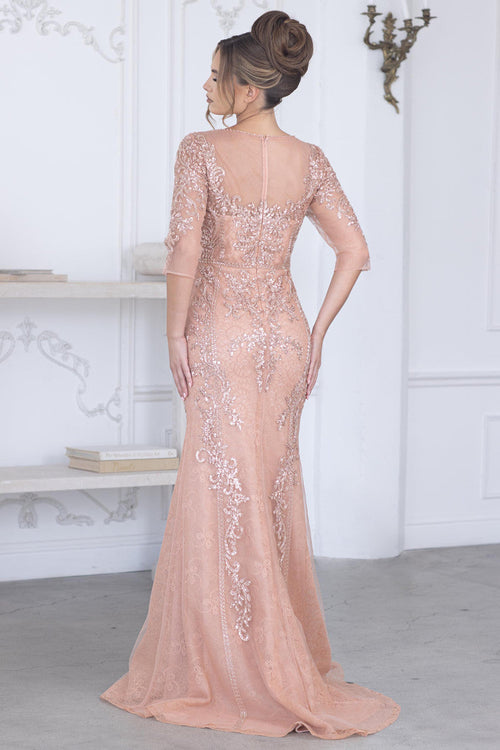 Lenovia 8369 Beaded Embroidered Mesh Long Mother of Bride Dress with 3/4 Sleeves