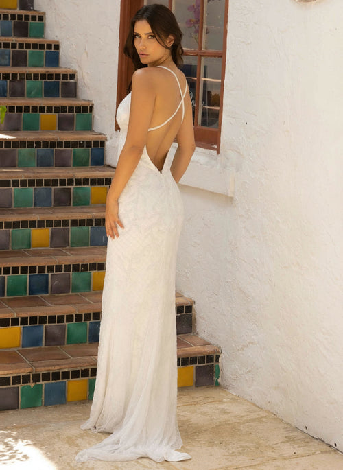 Primavera Couture 3949 - Lace Sequin Slit Prom Dress