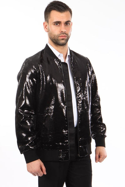 Men's Shiny Sequin Bomber Jacket in Black