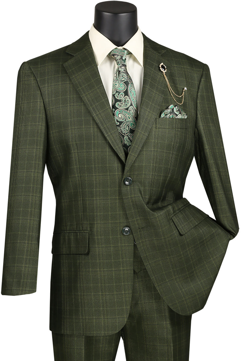Men's Olive Windowpane Suit with Vested Style