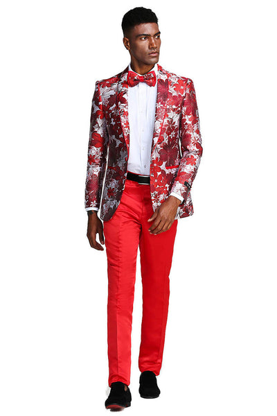 Men's Slim Fit Paisley Tuxedo Jacket in Red & Silver