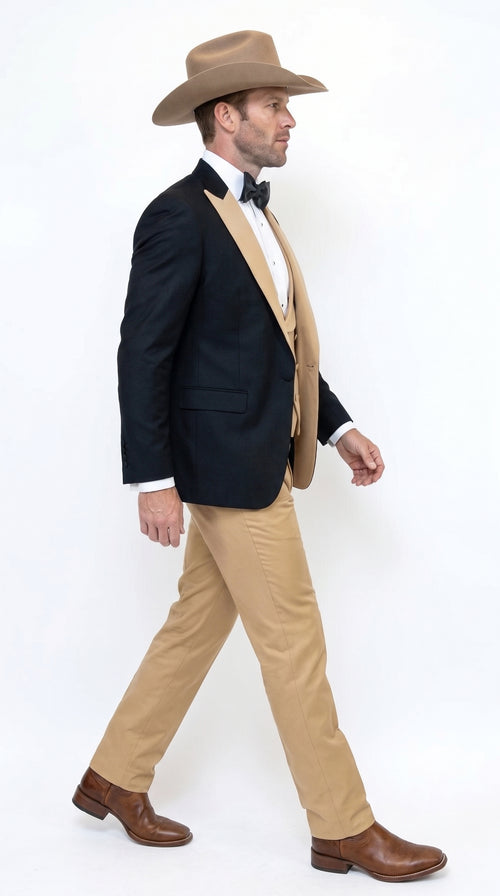Men's Western Khaki Cowboy Tuxedo Suit ā Black & Tan Beige Peak Lapel 3-Piece Vested Formal Cowboy Suit