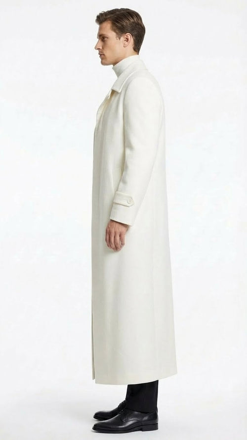 Mens Off-White Long Trench Coat β Overcoat with Classic Clean Design Duster Maxi Coat in Ivory Color