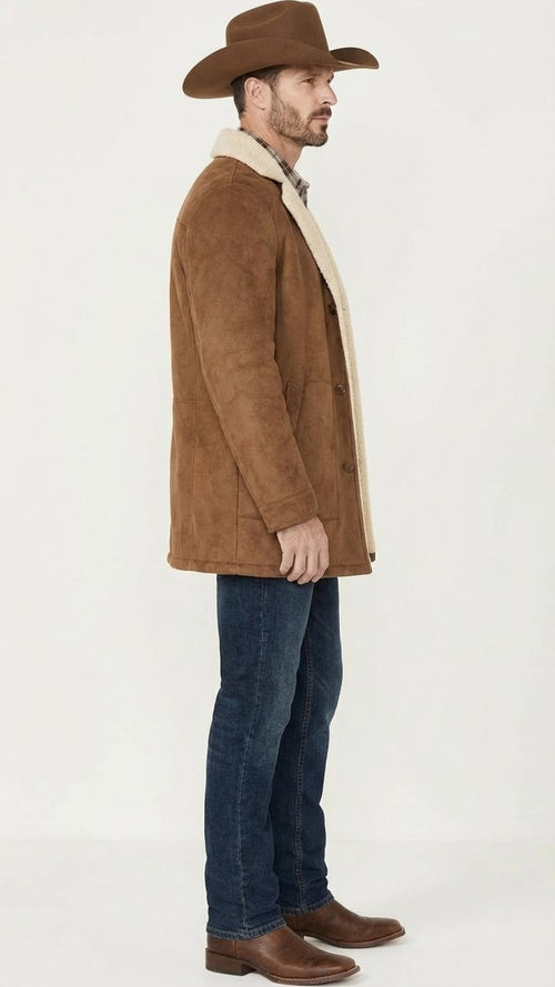 Saco Vaquero Men’s Brown Western Faux Suede Blazer Coat – Cowboy Style Long Jacket for Wedding, Party and Special Events