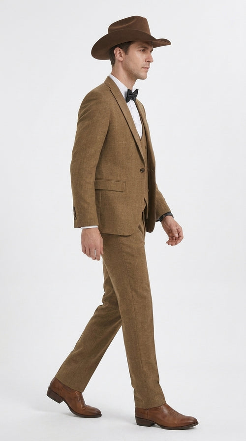 Men’s Light Brown Western 3-Piece Suit – Cowboy Wedding Suit with Vest British Khaki Color