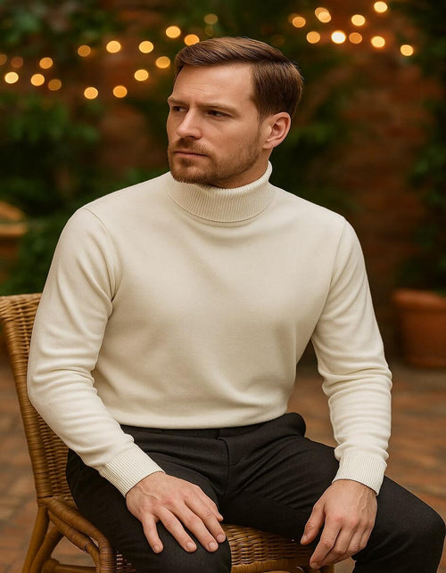 Men's Ivory Turtleneck Sweater - Classic Slim Fit Knit Pullover for Winter Elegance - Cream by USA Men's Outlet