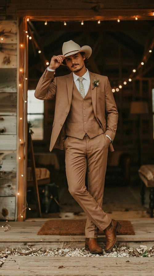 Mens Camel Brown Copper Western 3 Piece Suit β Classic Country Style Blazer Vest Pants Set, Formal Cowboy Suit Outfit