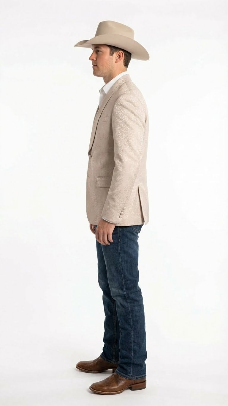 Men’s Tan Khaki Beige Cream Champaign Paisley Western Blazer Jacket, Embossed Dress Sport Coat for Wedding Party Rodeo Style – SuitUSA