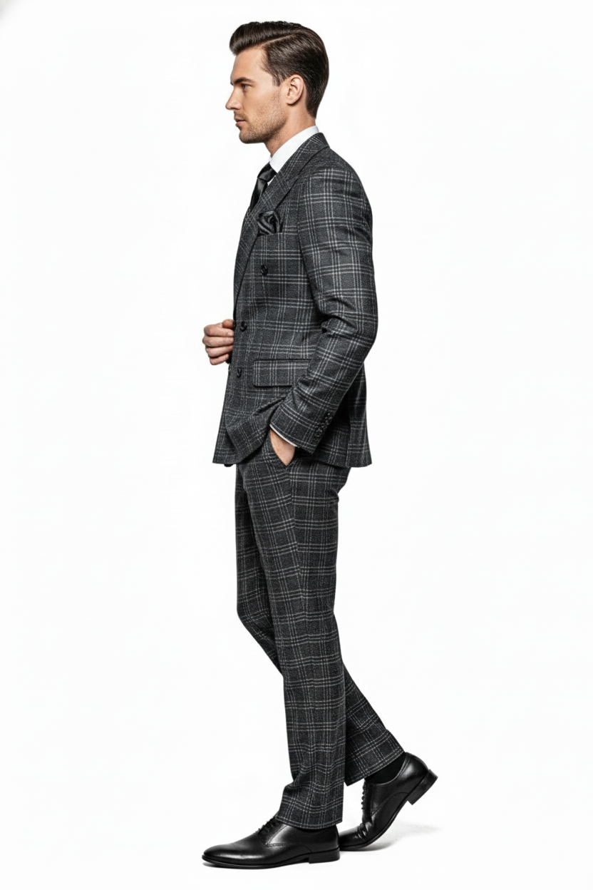 Men’s Charcoal Plaid Double-Breasted Suit – Tailored Pants Windowpane Pattern By Rossiman