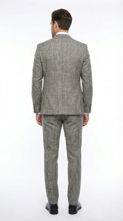 Vitali Brand Men’s Grey Textured Patterned 3 Piece Suit – Modern Fit Checkered Sharkskin with Blazer, Vest & Trousers, Business Wedding