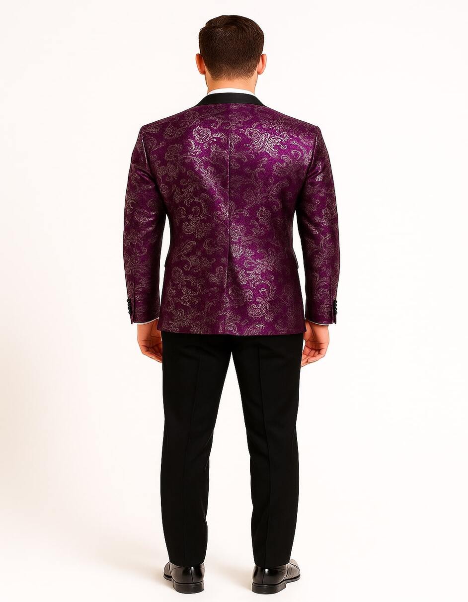 Product Title: Men's Pinkish ~ Purple Paisley Tuxedo Jacket with Black Satin Lapel – Formal Prom and Wedding Blazer in Meganta Color