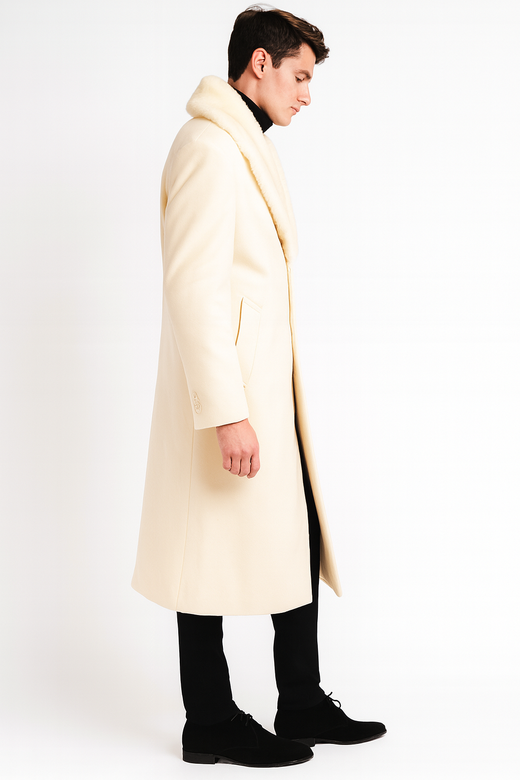Men’s Ivory Full-Length Overcoat with Luxurious Faux Fur Shawl Collar – Winter Dress Coat