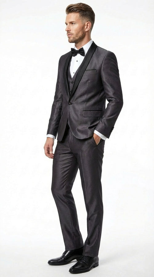 Men’s Shiny Sateen Charcoal Gray Tuxedo 3 Piece Suit with Black Shawl Lapel | Formal Wedding Prom Suit Sharkskin
