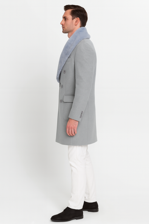 Men’s Light Grey Double Breasted Overcoat with Faux Fur Shawl Collar - Winter Luxury Coat Wool Fabric USA Men's Outlet
