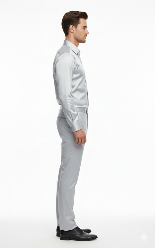 Men’s Silver Satin Dress Shirt and Pants Set – Luxury Slim Fit Outfit for Parties, Weddings, and Formal Events