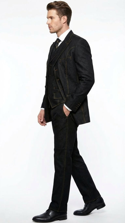 Men's Black Denim Fabric Suit β Classic Three Piece Denim Suit for Wedding, Prom and Church Wear