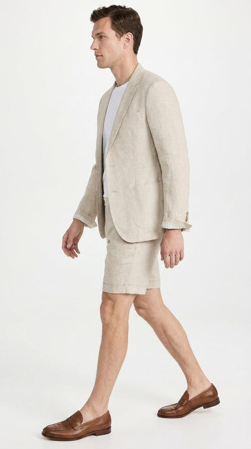 Menās Tan Linen Suit with Shorts, 2 Piece Summer Short Suit, Casual Beach Wedding Outfit