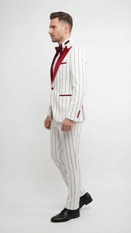 Men’s White and Dark Red Pinstripe Tuxedo with Velvet Shawl Lapel - Formal Dinner Blazer Prom Christmas New Year Holiday Suit by USA Men's Outlet